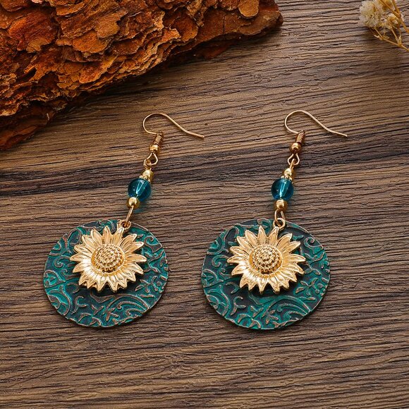 🌟Bohemian Sunflower Vintage Design Drop Earrings Jewelry Gifts | Turquoise/Gold - Picture 1 of 9